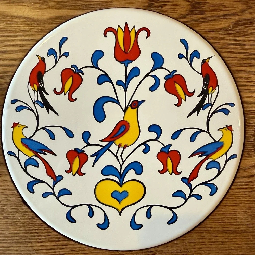 Vintage Pennsylvania Dutch Folk Art Double Tile Wood Trivet Distelfink Bird Hex